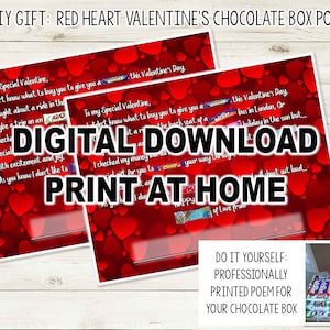 DIY バレンタイン チョコレート ボックスの詩 | 赤いハートのスイート ボックス | パーソナライズされたギフト カード | トリート ボックスの引用 | 低コストのギフト | 自宅でデジタル印刷