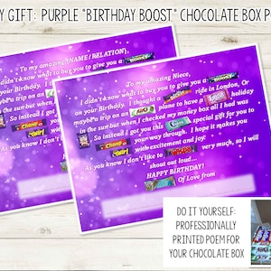 Poesia fai-da-te viola "Birthday Boost" Chocolate Box / Regalo di compleanno fai-da-te per lui o lei / Carta regalo personalizzata / Girl's Treat Box Birthday Poem
