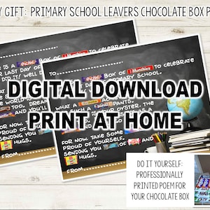 Poema de caja de chocolate para personas que abandonan bricolaje / Personas que abandonan la escuela primaria / Descarga digital Poema de caja de regalo / Regalo personalizado para personas que abandonan la escuela / Regalo de último minuto