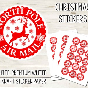 Hoja A4: Pegatinas de Navidad de correo aéreo del Polo Norte / hoja de pegatina redonda de tamaño personalizado / pegatinas de Navidad a granel / Diseño de reno rojo y blanco