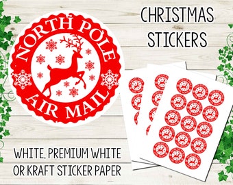 A4 Sheet: North Pole Air Mail Christmas Stickers | round custom sized sticker sheet | bulk Christmas Stickers | red & White Reindeer Design