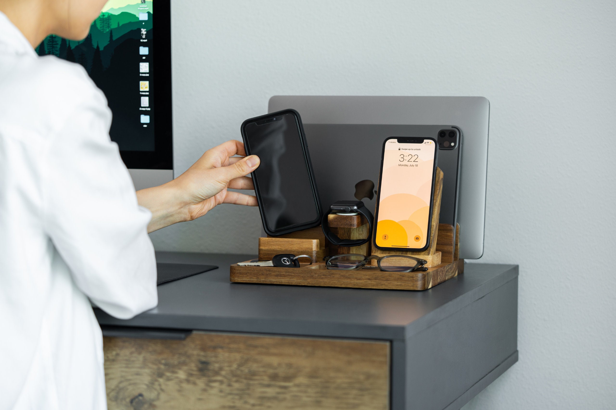 Wood Desk Organizer for Apple Devices With Magsafe Stand Etsy