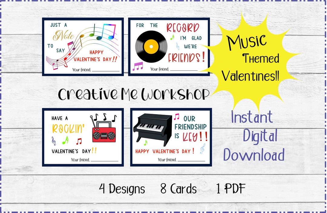 Music Theme Valentine Cards for Kids Printable Instant Download Valentine's Day Etsy