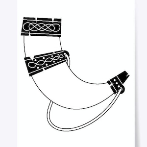 May include: A black and white illustration of a drinking horn with intricate knotwork designs. The horn is curved and has a handle.