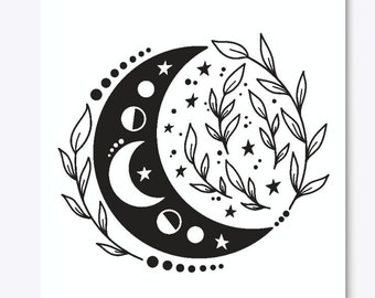 May include: Black and white illustration of a crescent moon with stars and leaves. The moon is surrounded by a circle of dots.