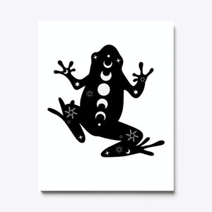 May include: Black silhouette of a frog with white moon phases and stars on its back.
