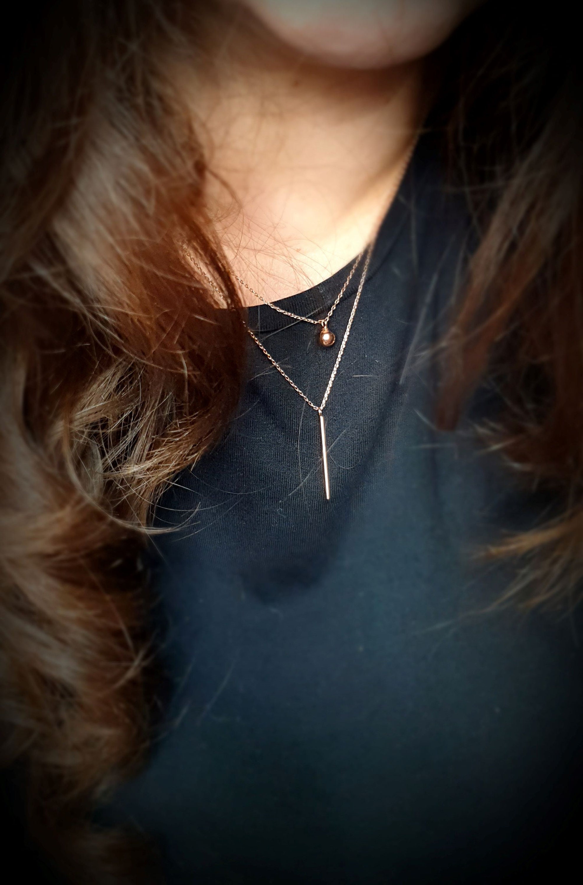 Sterling Silver Layered Necklace – Vertical Bar & Ball Pendantxmas 