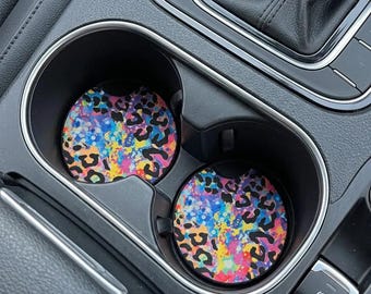 2 Pack Rainbow Leopard Car Coasters, Colorful Neoprene Vehicle Cup Holder Mats
