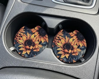 Watercolor Sunflower 2 Pack Neoprene Car Coaster Set for Vehicle Decor