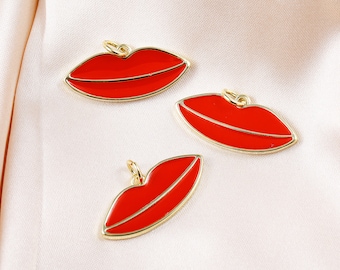 CZ Micro Pave 18K Enamel Lips Charm DIY Dangle Charms for Bracelet Necklace Earring 24*10MM