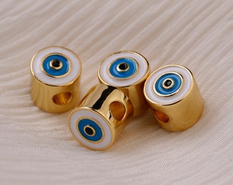 18K Gold Plated Enamel Evil Eye Tube Spacer Beads Large Hole Gold Beads for DIY Jewelry Bracelet Earring Necklace Supply 7MM
