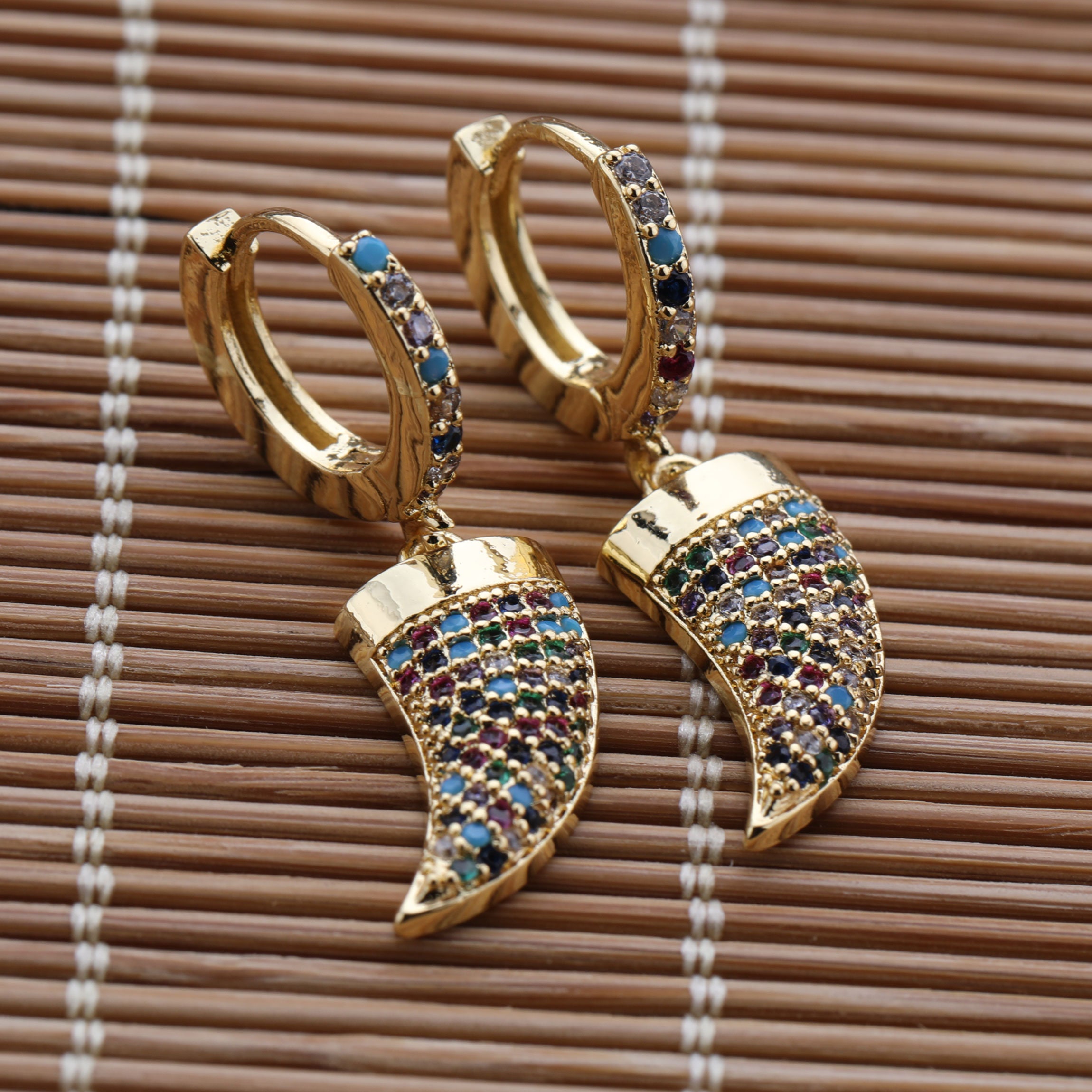 Horn Shape CZ Micro Pave Fashion Dangle Stud Earring Hoop