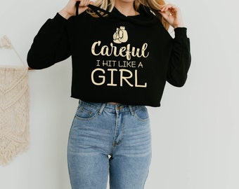 Vorsicht I Hit Like A Girl Boxing Hoodie | Kickboxen Hoodie | Gym Sweatshirt | Sportbekleidung | Geschenk für Sie | Shirts für Frauen | Crop Hoodie