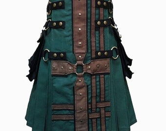 Hunter Green With Brown Medieval Modern Hand Made Hybrid Kilt - Treven Store - Made To Mearsure