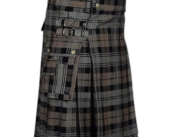 Highland Redstone スコットランド デザイナー ユーティリティ キルト メンズ トラディショナル ハイランド ソリッド プリーツ バックル ストラップ コスチューム キルト, ブラック, 30 スコットランドタータンのユーティリティキルト：レザーストラップ付き