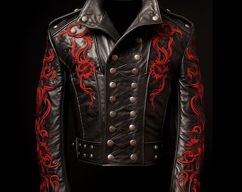 Gothic Dragon Leather Jacket, Black with Red Embroidery, Steampunk Military Style, Unisex Fashion, Punk Rock Costume