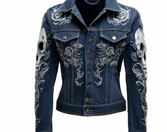 The Rebellious Hand-Embroidered Denim Jacket with Skull & Roses - Embroidered  Denim Jacket - Treven Store