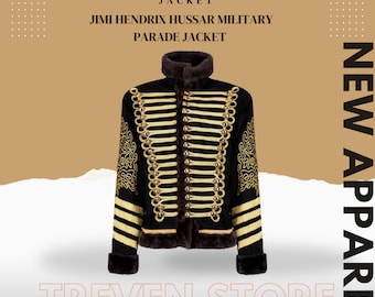 Black and Gold Jimi Hendrix Hussar Military Steampunk Parade Jacket With Faux Fur - Treven Store