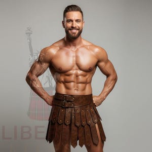 Puede incluir: Una persona musculosa lleva un kilt de cuero marrón con cinturón y hebilla. El kilt tiene tiras de cuero verticales y se asegura con un cinturón. El fondo es gris claro con una imagen descolorida de la Estatua de la Libertad.