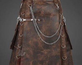 Handmade Distressed Brown Leather Utility Kilt, Gothic Highland Style