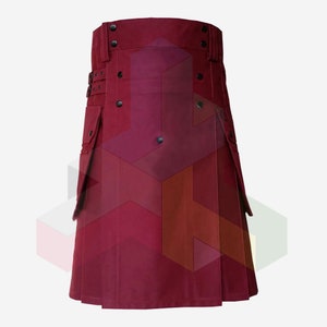 Handmade Maroon Utility Kilt - Scottish Mens Classic Fashion Kilt - Premium Utility Kilts For Men - Plus Size Kilt