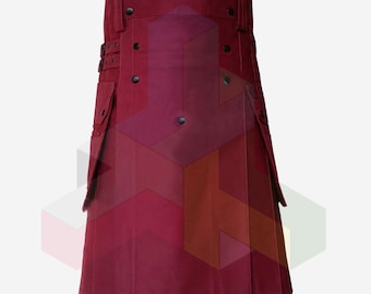 Handmade Maroon Utility Kilt - Scottish Men's Classic Fashion Kilt - Premium Utility Kilts For Men - Plus Size Kilt