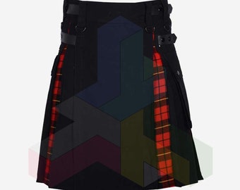 Scottish Ladies Hybrid Kilt -Women Ladies Hybrid Kilt With Different Tartan Pleats - Black & Royal Stewart Tartan Hybrid Kilt