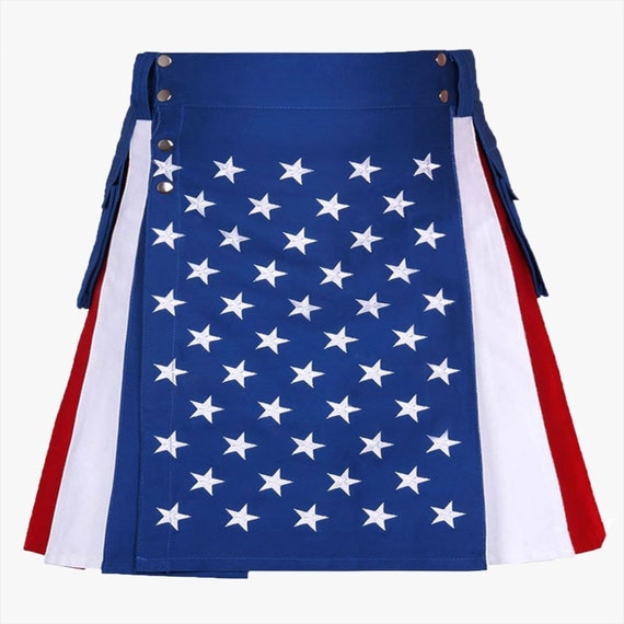 American Flag Utility Kilt for Men, Heavyweight Cotton Cargo Kilt with Pockets