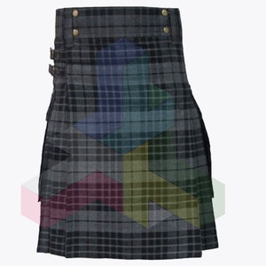 May include: A gray and black plaid kilt with a leather strap and buckle closure. The kilt has a pleated design and is made of a woven fabric.