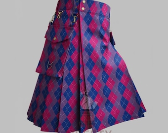Handmade Bisexual Pride Kilt | Cotton Utility Kilt with Pockets