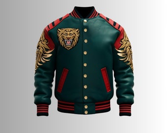 Custom Embroidered Varsity Jacket with Fierce Tiger Patch – College Bomber Jacket, Vintage Streetwear in Green with Red and Gold Accents