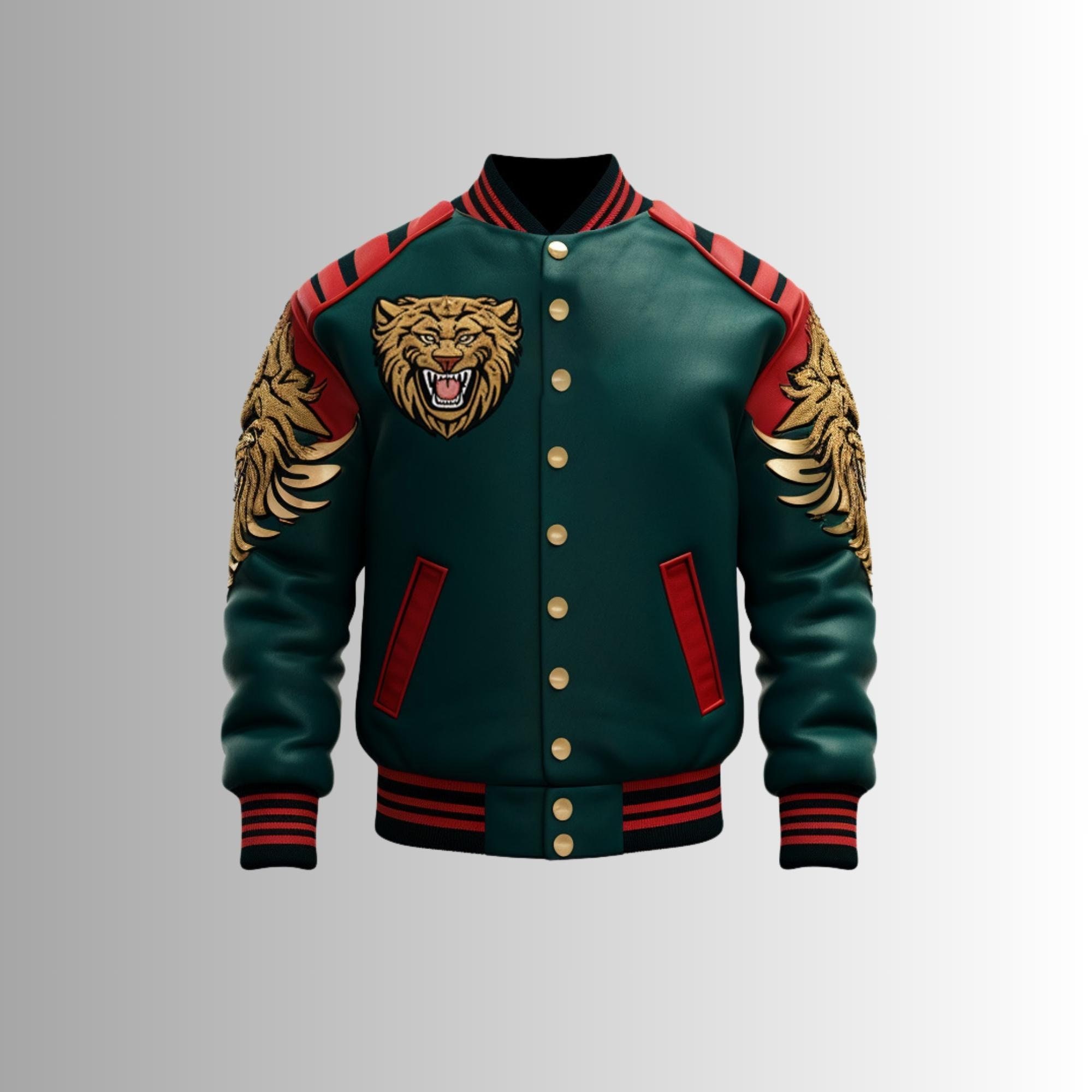 Custom Embroidered Varsity Jacket With Fierce Tiger Patch Custom Embroidered Varsity Jacket With Fierce Tiger Patch