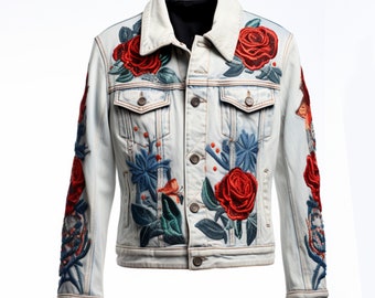 Vintage Hand-stitched Red Rose Embroidered Denim Jacket For Men And Women- Treven Store