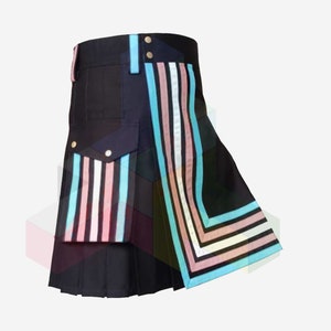 Brand New Trans Flag Utility Kilt Handmade Heavy Cotton Pride Kilt Black Hybrid Utility Kilts For Men - Modern Hybrid Kilt - Plus Size Kilt