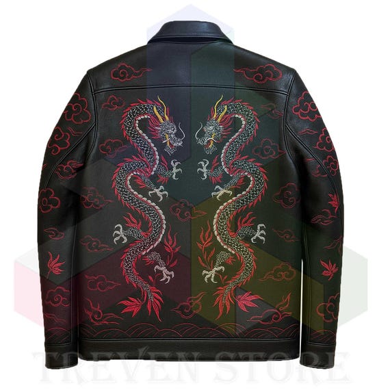 Jaqueta Masculina de Couro Preto com Bordado de Dragão: Gothic