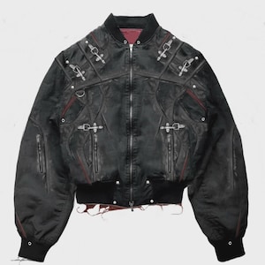 メンズ ブラックレザー ドラゴン刺繍ジャケット：ゴシックストリート