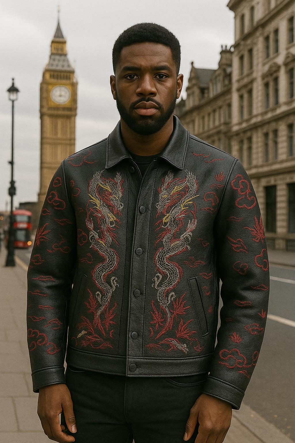 メンズ ブラックレザー ドラゴン刺繍ジャケット：ゴシックストリート