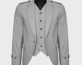 100% WOOL Argyle kilt Jacket & WaistcoatVest, Scottish Argyle Jacket Light Grey-Treven Store