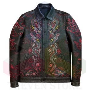 Men’s Black Leather Dragon Embroidered Jacket – Oriental Gothic Style, Handcrafted Streetwear with Red & Gold Fire Dragon Design