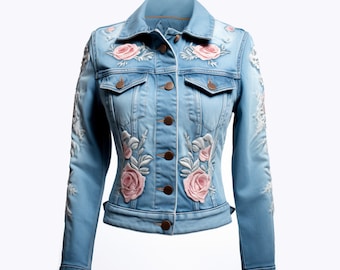 Blooming Pink Rose Embroidered Denim Trucker Jacket For Men And Women - Denim Embroidered Jacket - Treven Store