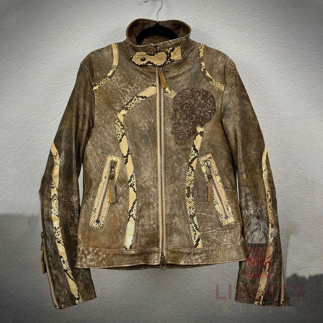 Distressed Leather Biker Jacket | Embossed Python, Tribal Skull ...