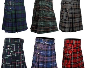 スコットランドタータンのユーティリティキルト：レザーストラップ付き