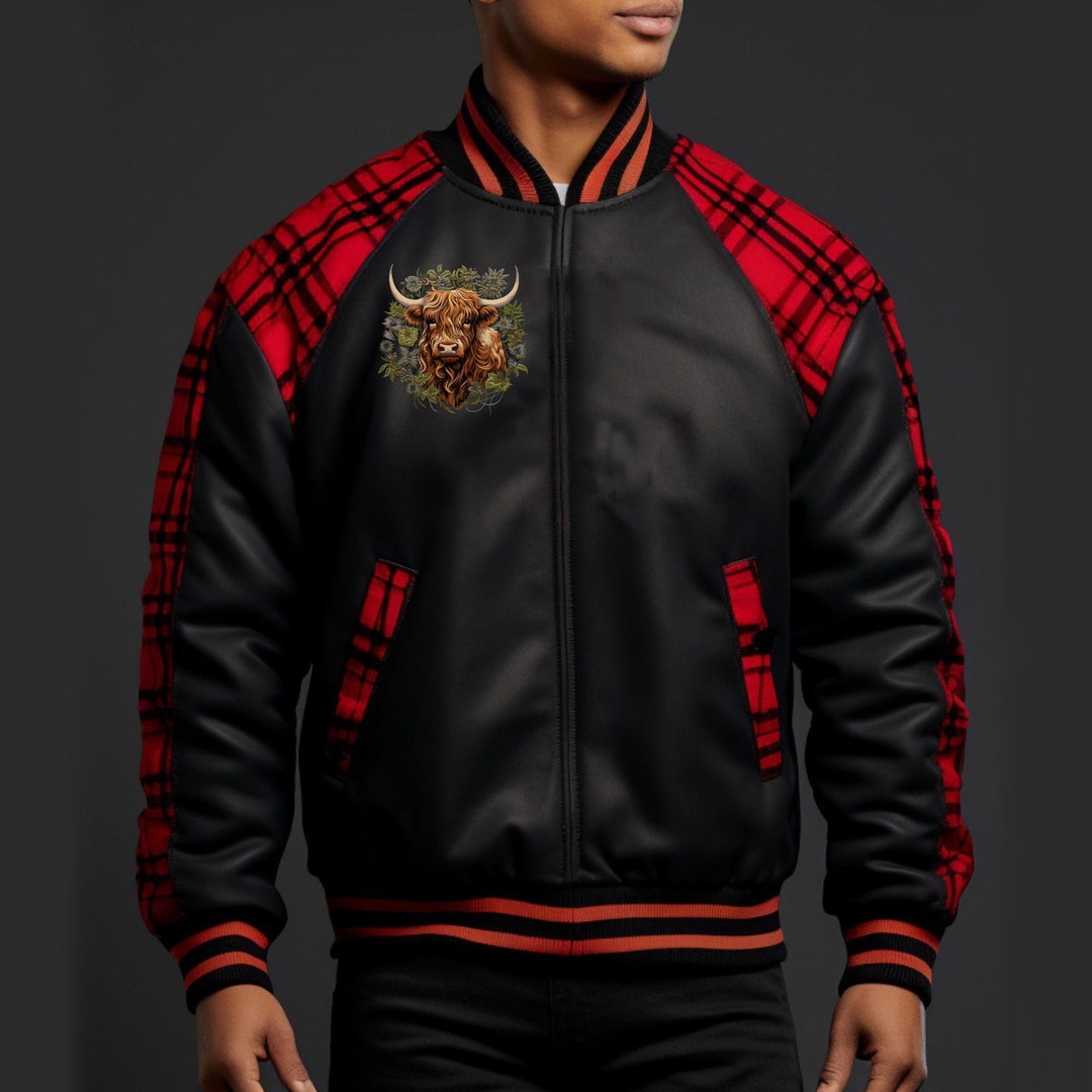 SCOTTISH MEN JACKET Tartan Leather Coat Embroidered Black