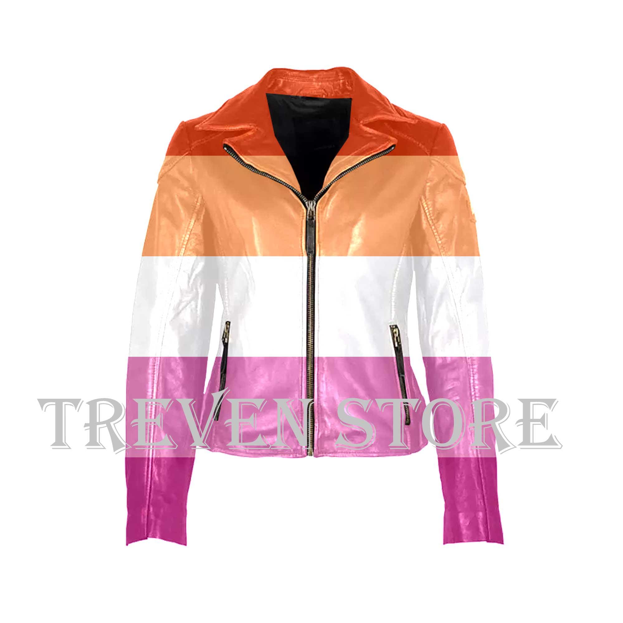 Custom Lesbian Pride Leather Jacket, Handmade Vegan PU or Cowhide Biker Jacket with Lesbian Flag Print, LGBTQ+ Queer Women's Pride Gift