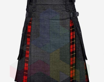 Premium – handgefertigt – schottischer Hybrid-Utility-Kilt für Herren – schwarzer Denim & Wallace-Tartan – Plus-Size-Kilt