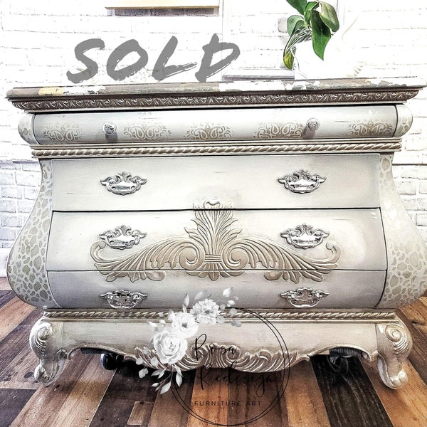 Sold-Painted Furniture Vintage Dresser| White Bombe| Bombay Chest| Dresser| Bureau| Silver| Shabby Chic| French| jewelry armoire