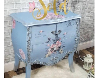 Sold-Curvy Bombe Chest drawers, gift for her, side table, farmhouse, blue nightstand, painted romantic furniture, Parisian , Eiffel Tower