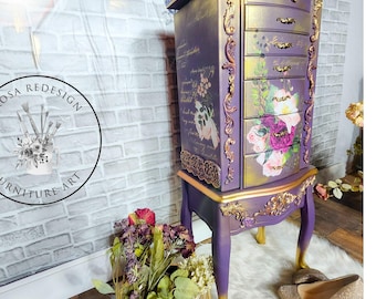 French Country, Jewelry Armoire, Purple Floral, Romantic furniture, free Standing Jewelry box, painted furniture