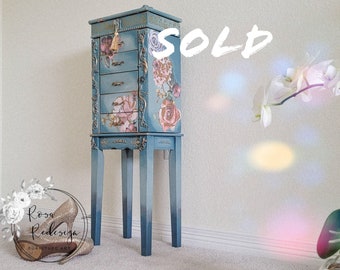 Sold-Jewelry Armoire standing , Romantic furniture Blue Pink, Gold paint, Standing Armoire, gift for her , Jewelry box