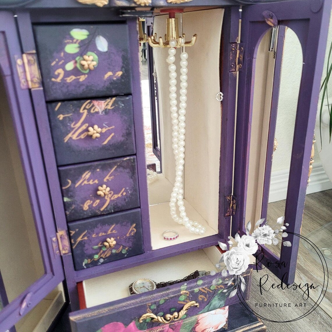 French Country Jewelry Armoire Purple Floral Romantic Etsy